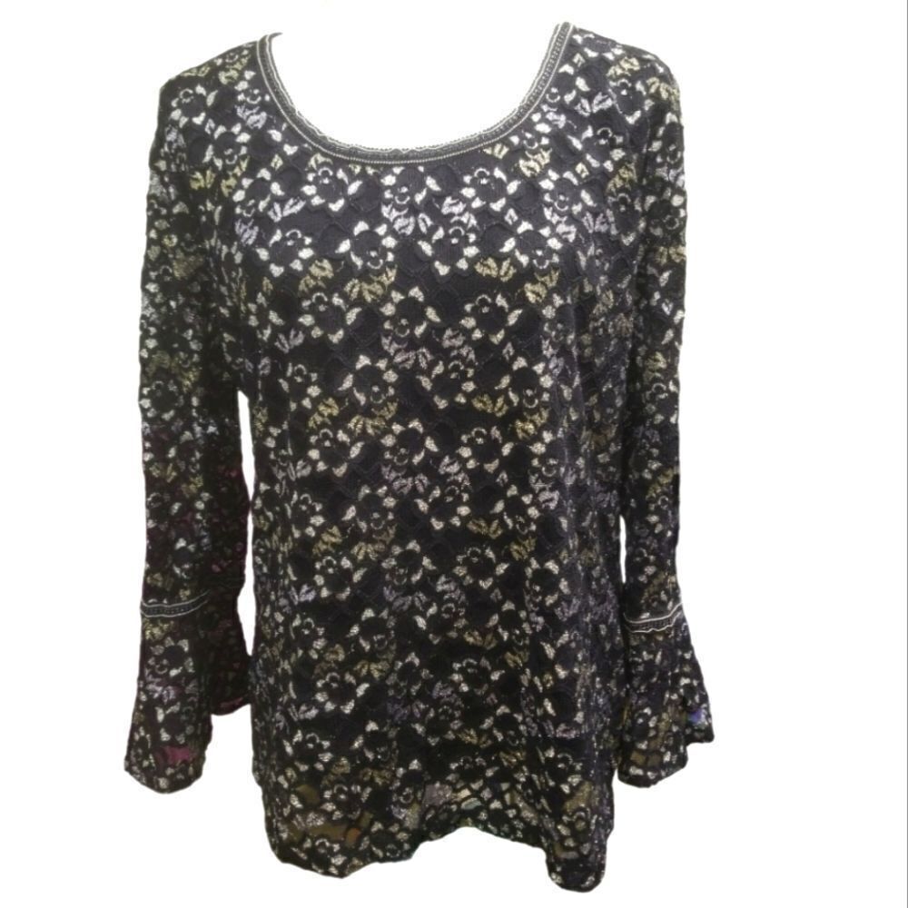 #13 JM Collection Metallic Lace Bell Sleeve Top Black Gold Silver EUC SZ Large